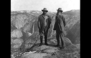 Theodore Roosevelt and John Muir on Glacier Point, Yosemite Valley, California, in 1903. 