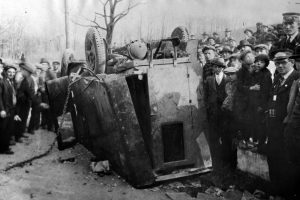 Aftermath of first-ever armored car robbery, Pittsburgh, PA, 1927.