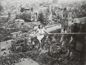 Fearless post-war aerialists entertain, Heumarkt, Cologne 1946.