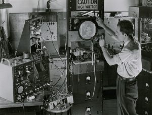Man testing early television equipment in New York, 1959.